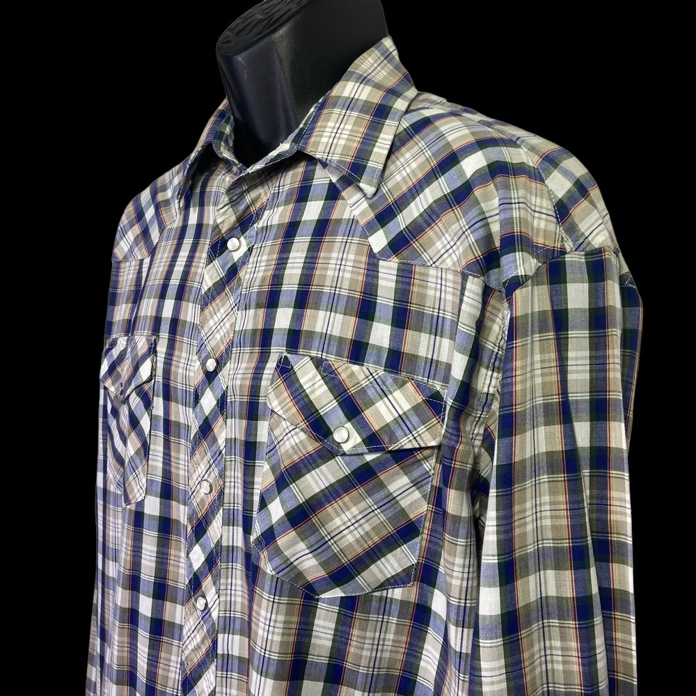 Wrangler Single Needle Mens Blue Plaid Pearl Snap Long Tail‎ Size XL - Picture 4 of 13
